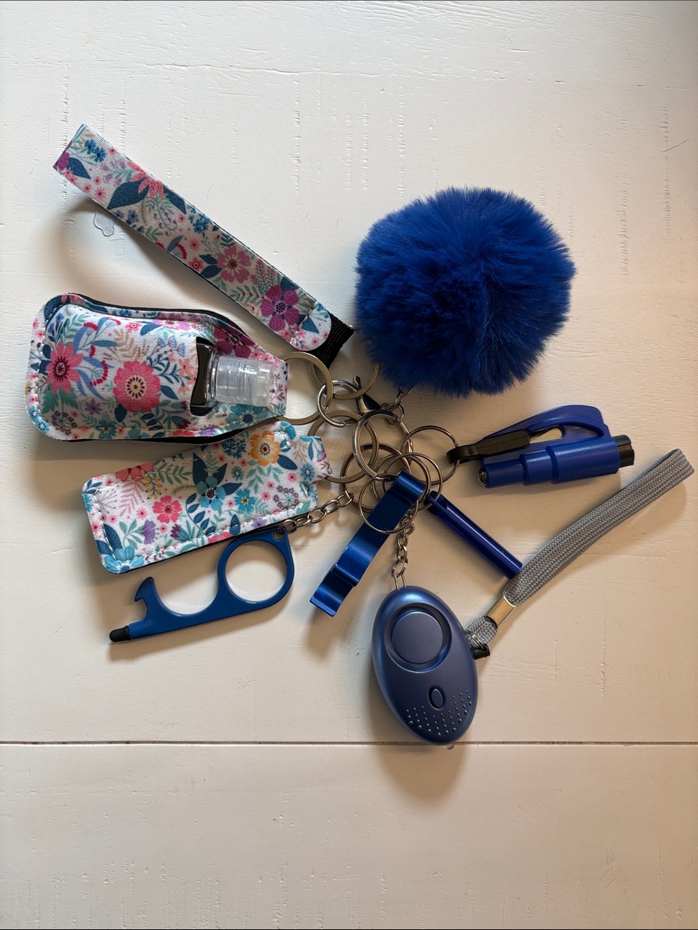 Blue Safety Keychain Set with Floral Hand Sanitizer Holder